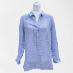 Lucky Brand Blue and White Striped Button Down Tunic Top Linen Cotton Blend S